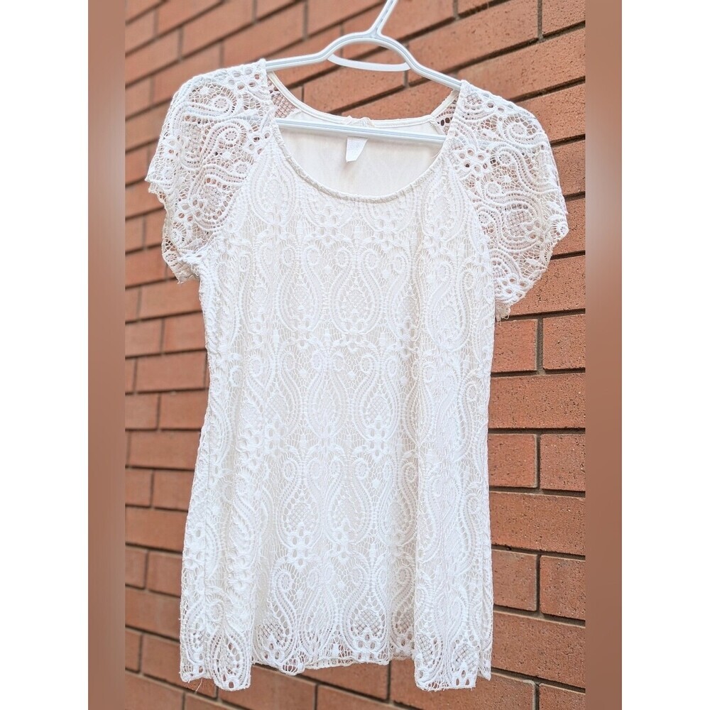 Brittany Black Women's (S/M) Ivory Lace/Crochet Short-Sleeve Lined Tunic Top